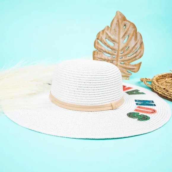 Straw Sun Hat. White. Colorful Sequin Letters, Sun and Fun. NWT - Picture 3 of 5
